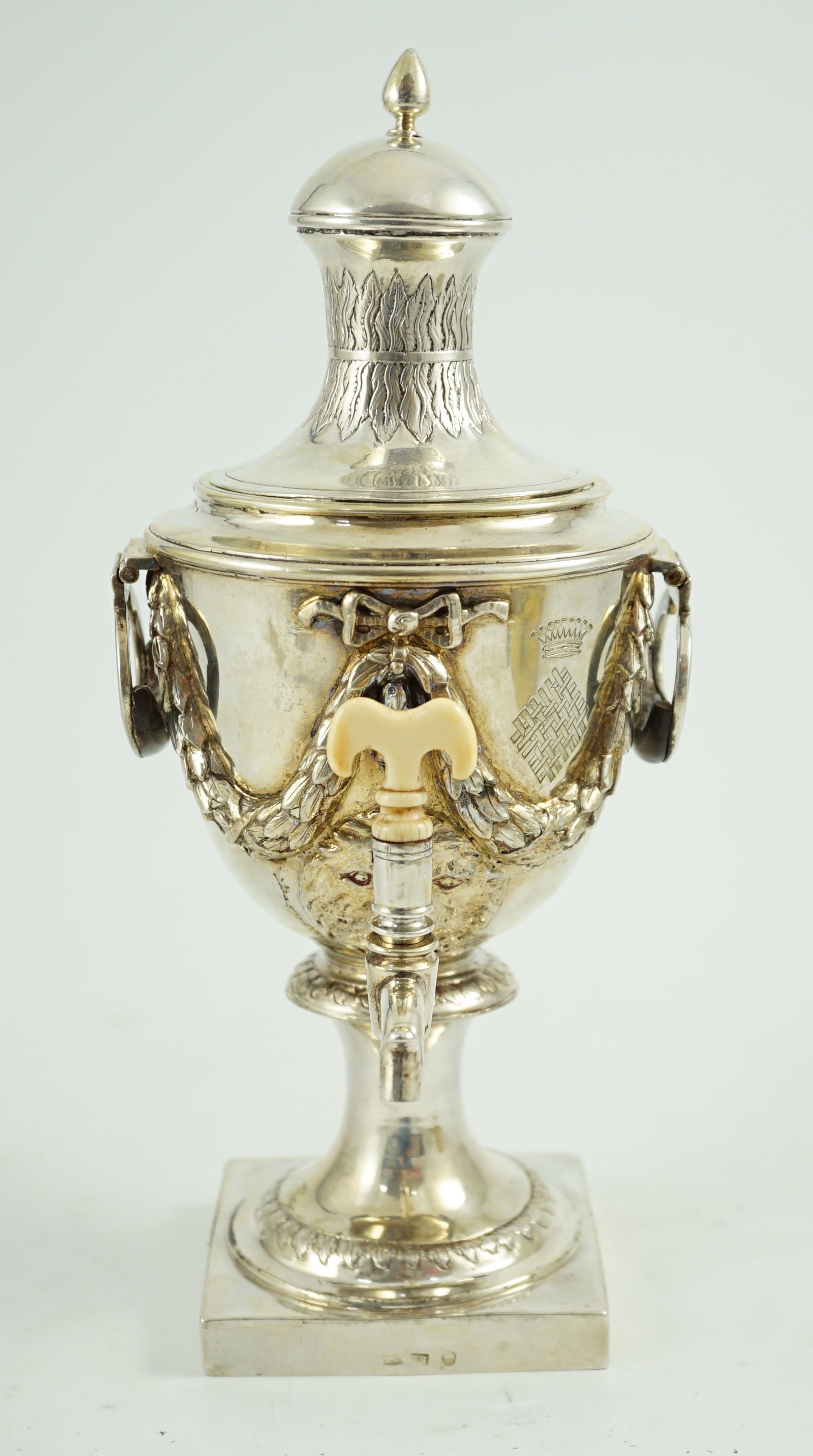 A late 18th century Russian silver samovar, with ivory spigot, master possibly Alexander Yarshinov?
